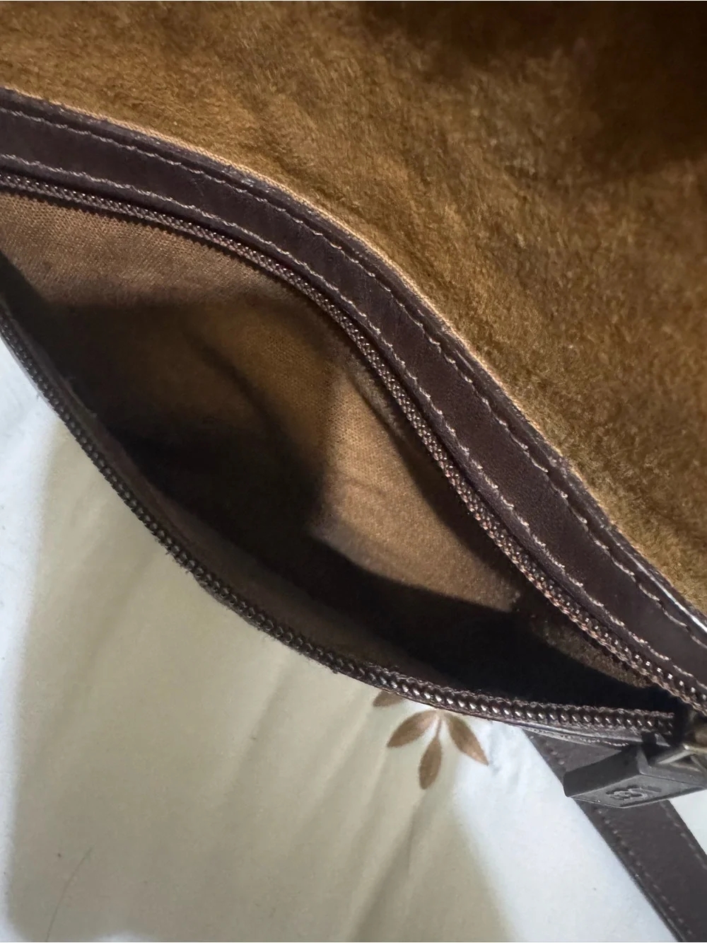 UGG Brown Suede and Dark Brown Leather Messenger Bag with Shearling Trim